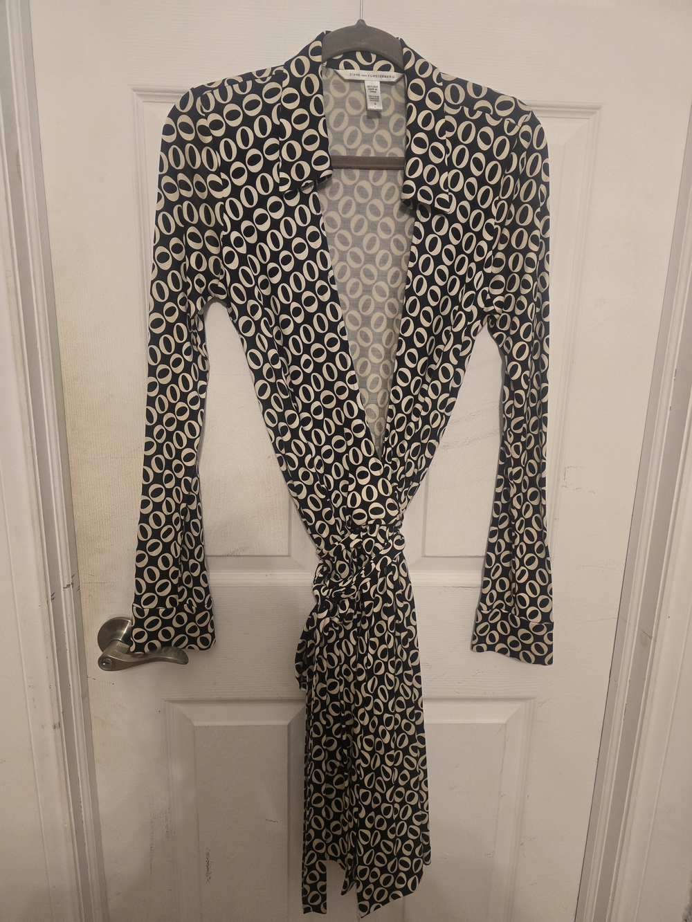 Black and Cream Wrap Dress with Geo Print